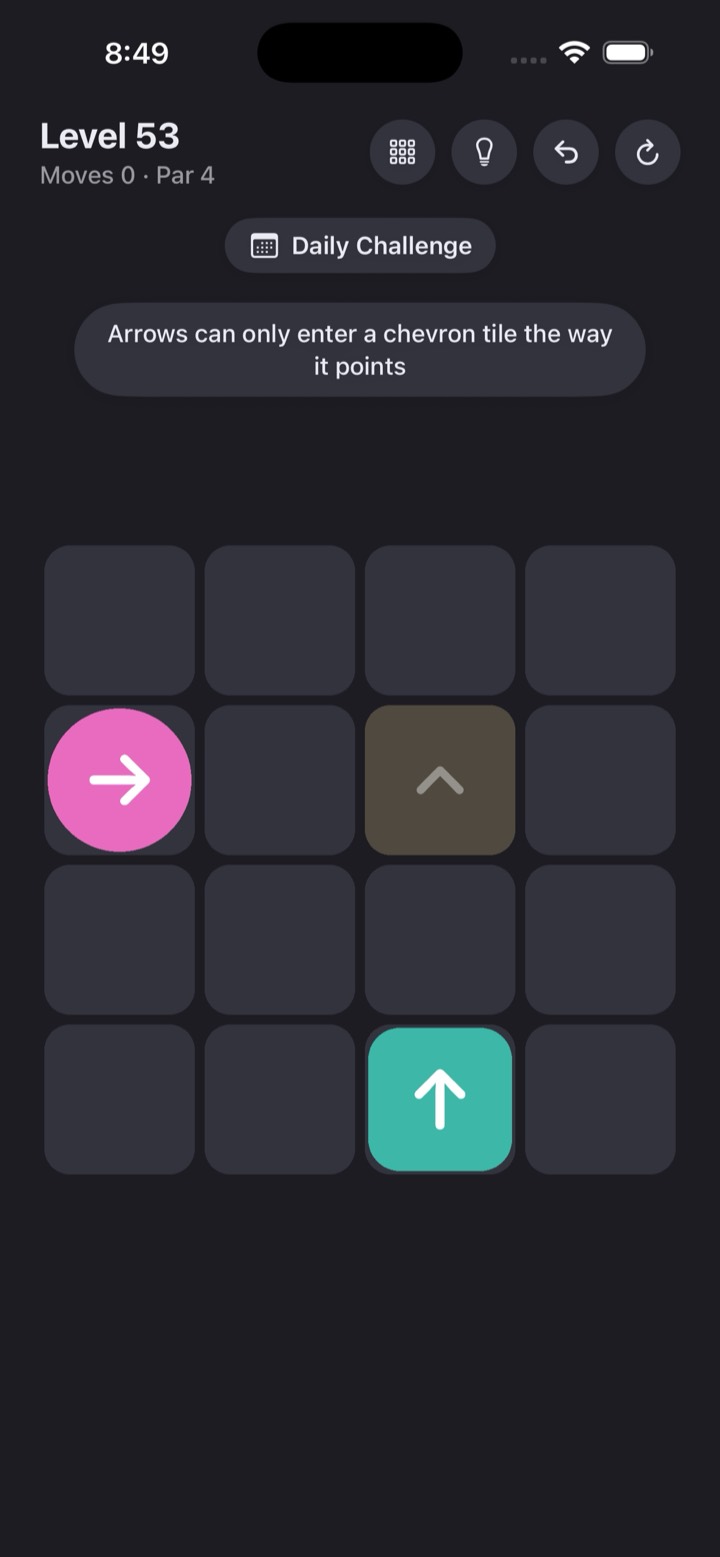 Path Out in dark mode, showing a chevron tile that arrows may only enter the way it points.