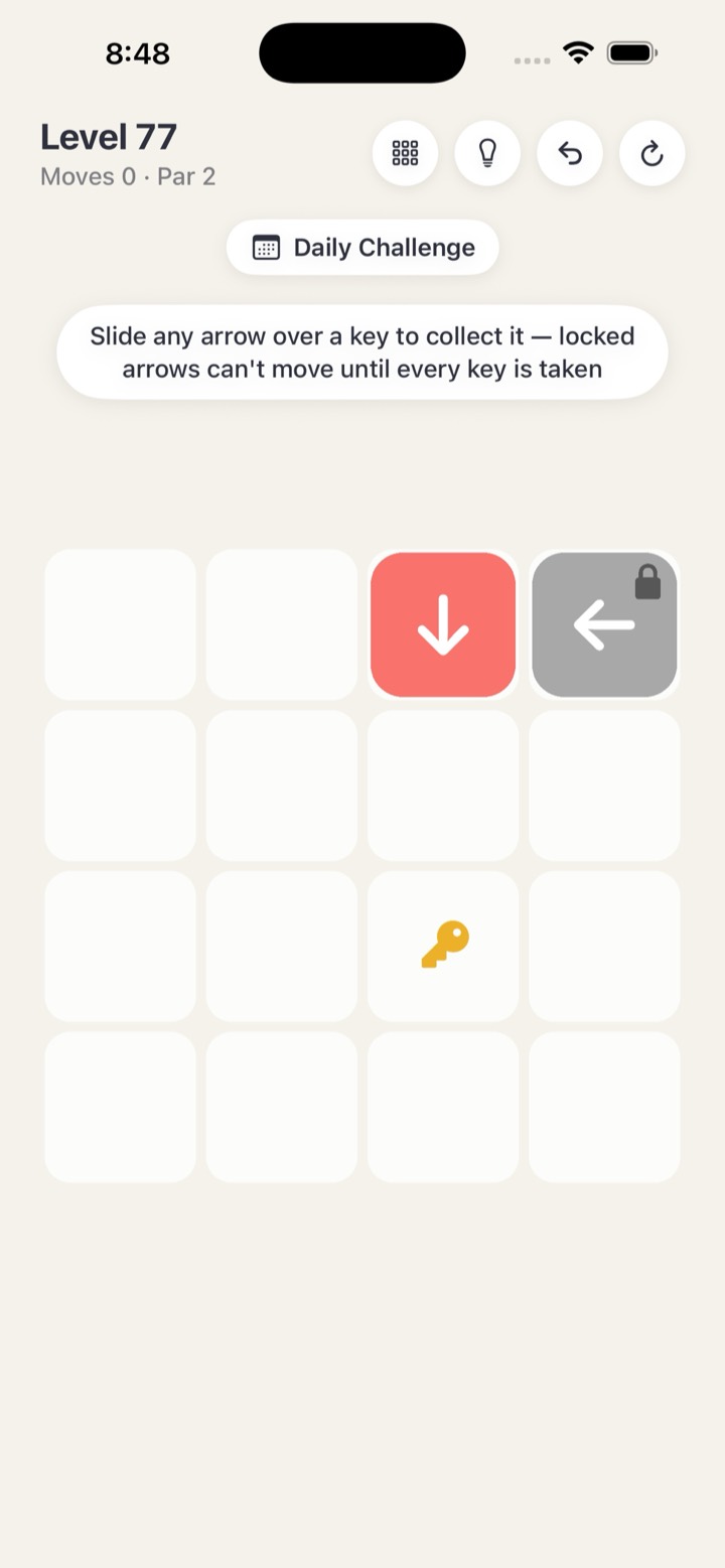A Path Out level with a golden key and a locked arrow that cannot move until the key is collected.