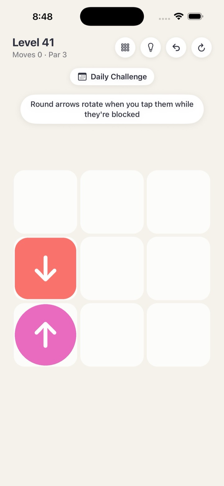 Path Out running on iPhone: a level where round arrows rotate when you tap them while they are blocked.