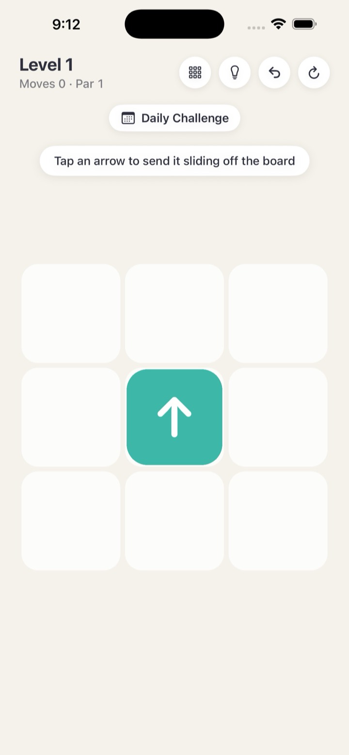 Level 1 of Path Out: a single teal arrow on a three-by-three board, with the hint 'Tap an arrow to send it sliding off the board'.